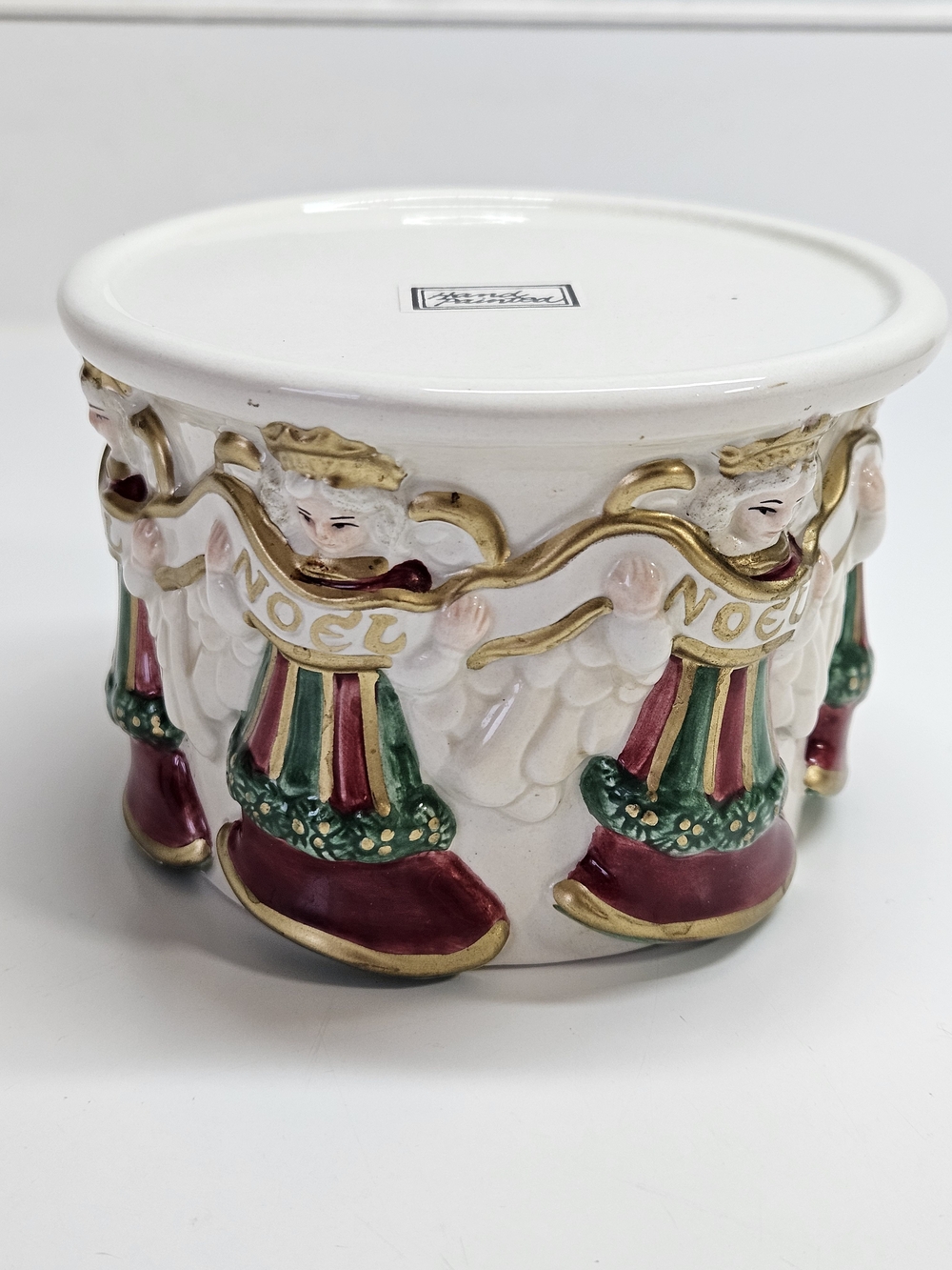 Fitz & Floyd Angels NOEL Christmas Ceramic Pillar Candle Holder Hand Painted